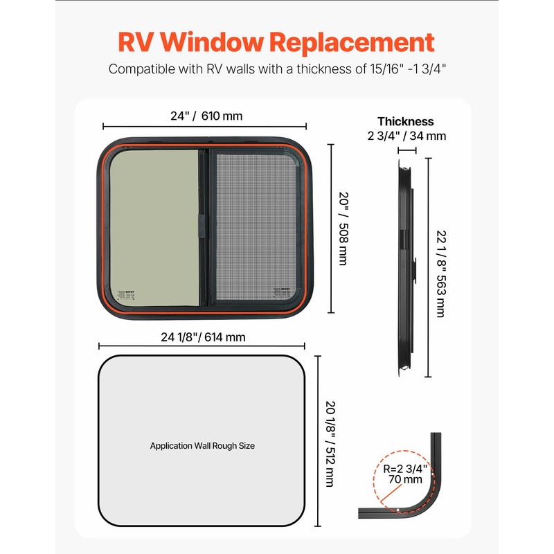 VEVOR Horizontal RV Window, 24" W x 20" H Tinted