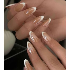 Artquee French Tip Press on Nails Short Nuts French Shine Almond False Tips Nude White Glossy Reusable Fake Stick on Nails Kit for Women - 30 Pcs 15 Sizes