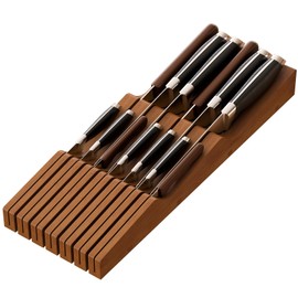 Knife Drawer Organizer, Bamboo Wood Knife Organizer Drawer Insert, Brown Knife Block Fit for 13 Knives