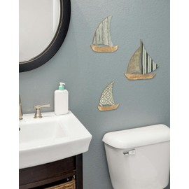Putuo Decor Coastal Sailboat Wall Decor Set of 3, Nautical Boat Sculptures with Metal Hook Design, Beach Cottage Core Wall Art for Nursery Bathroom Bedroom Coastal Decor for Home
