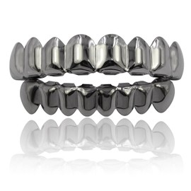 JINAO Black Grillz Teeth 18K Gold Plated Gold Finish 8 Top Teeth 8 Bottom Tooth Grillz Hip Hop Mouth Grills for Men Women (Gun Black Set)