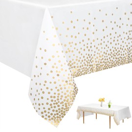Shunshi 2 Pack Plastic Tablecloths 137x274cm, Disposable Checkered Rectangle Tablecloth, Waterproof and Spillproof Party Table Covers Wipe Clean for Party Supplies(White Gold Dot)
