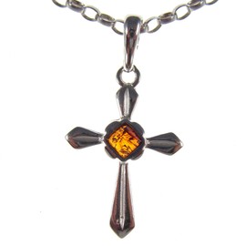 Baltic amber and sterling silver 925 cross pendant necklace with 1mm Italian sterling silver 925 snake chain