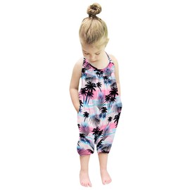 Lindanina Toddler Girl Romper Coconut Tree Backless Halter Jumpsuits 12-24 Months Infant Cute Sleeveless One Piece Clothes Summer Overalls Birthday Outfit with Pockets