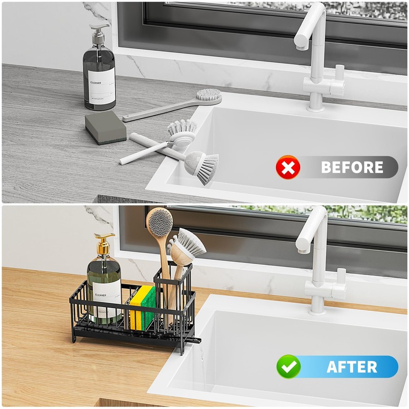 Cisily Black Sponge Holder for Kitchen Sink, Sink Caddy Organizer