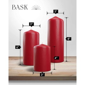Bask Cone Top Pillar Candles - Elegant Red Candles - Set of 3 Red Pillar Candles - 3"x4", 3"x6", and 3" x8 - Smokeless and Dripless Decorative Candles for Home Decor and Relaxation