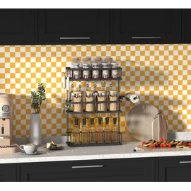 Modern Peel and Stick Wallpaper Orange and White Mosaic Checkered Contact Paper 17.7"x197" Self Adhesive Lattice Wallpaper Removable Decorative Wallpaper for Bedroom Countertops Cabinet Vinyl Roll