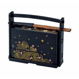 JapanBargain Japanese Sakura Lunch Bento Box w/Chopsticks Three Tiers Black S-1951