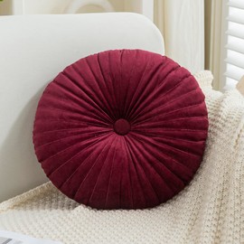 Teieas Velvet Round Throw Pillow Pleated Round Pillow Cushion Decoration for Couch Chair Bed Car Burgundy