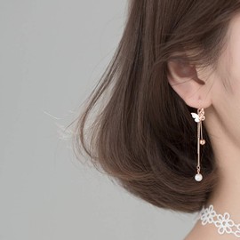 Butterfly Tassel Threader Earrings S925 Sterling Silver for Women Delicate Pearl Danling Charm Ball Bead Long Chain Dangle Drop Earring Fashion Jewelry Gifts Sensitive Ears (Rose Gold)