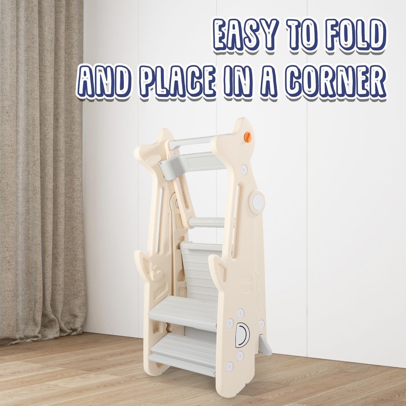 Foldable Toddler Tower, Toddler Kitchen Step Stool Helper, Height-Adjustable Foldable