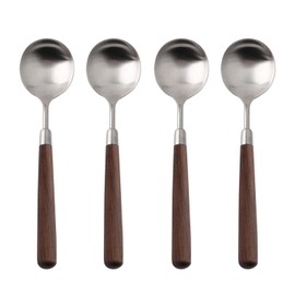 Ouliget Retro Wooden Handle Spoon,Matte Stainless Steel Serving Tablespoons,Wooden DinnerSpoon,Matte Silver Silverware With Brown Handle,4 Pcs.