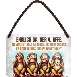 WOGEKA ART HS318 Tin Sign - Der 4. Monkey vereint alle drei in einem - Der Handy Monkey - Funny Saying as a Gift Idea for Birthday, Christmas as a Decorative Sign 18 x 12 cm