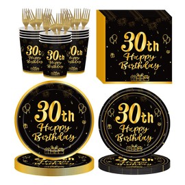 120Pcs 30th Birthday Party Supplies Plates Napkins Cups Forks Tableware Set Gold Black Happy 30th Birthday Themed Disposable Tableware Decoration Serves 24 Guests for Women Men 30 Years