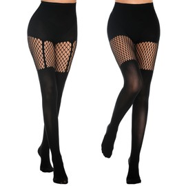 MANZI Womens Faux Thigh High Fishnet Stockings Stitching Opaque Pantyhose Mock Over the Knee Goth Tights Striped Suspender Nylons(1 Grid+1 Suspender)