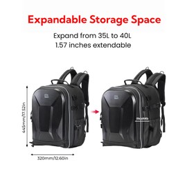 KEMIMOTO Motorcycle Helmet Backpack Bag, 40L Large Capacity Helmet Backpack Hard Shell with Expandable Storage and Rain Cover, USB Charging Port, Waterproof