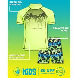 Body Glove Boys Swim Set - 2 Piece UPF 50+ Quick Dry Swim Trunks and Rash Guard for Boys Kids Swimwear (Sizes: 4-12), Size 6, Green Neon/Palm Trees
