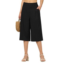Willit Women's Linen Capri Pants Wide Leg Dress Casual Summer Pleated Capri High Waisted with Pockets 16" Black X-Large