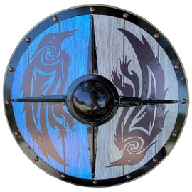 Swordsaxe Norse Viking Assassin Raider Medieval Eivor Valhalla Raven Battle Worn Viking Wooden Shield Odin Twin Raven 24"