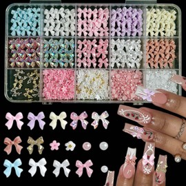 Kawaii Colourful Bow Nail Charms, 3D Pink and White Flower Charms for Nails, Flat Pearls Nail Design for Women Manicure DIY Crafts Art Accessories