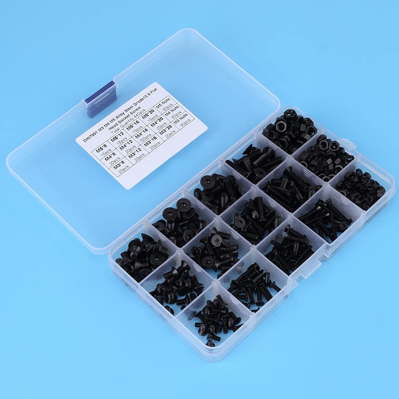 440 Pieces Screws Set M3 M4 M5 Steel Flat Head