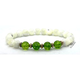 Peridot and Mother of Pearl Stretch Bracelet | August Birthstone for Leo and Virgo | Heart Chakra Jewelry (Wrist Size 8 Inches)