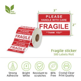 Anylabel 3 x 2 inch Handle with Care Fragile Thank You Warning Packing Shipping Label Stickers Permanent Adhesive (2 Rolls, 1000 Labels)
