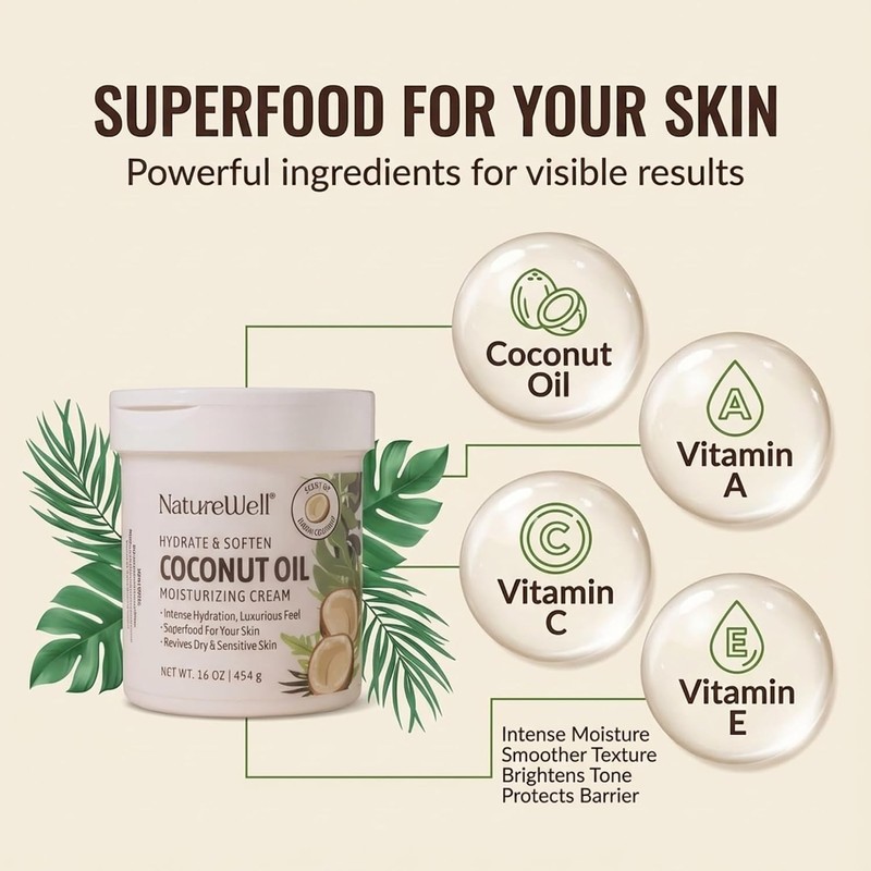 NatureWell Crema Humectante de Aceite de Coco Extra Virgen, 453.6