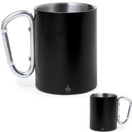 noTrash2003 Set of 2 Double-Walled Stainless Steel Thermal Mugs 300 ml Recycled Stainless Steel with Carabiner Hook Attachment to Backpack Camping Hiking Outdoor (Black)