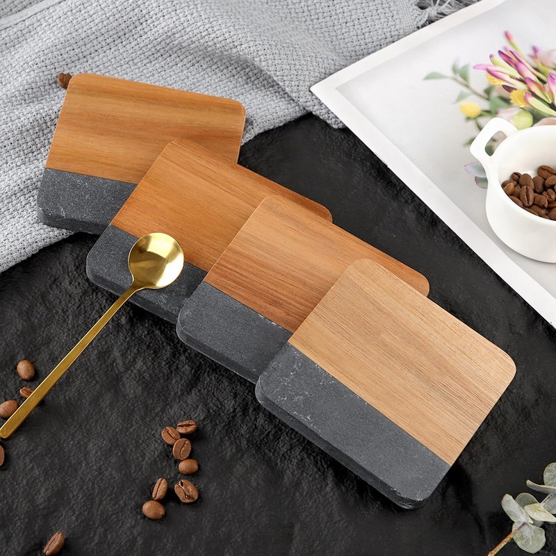 LiWiBet Acacia Wood Black Marble Coasters for Drinks Set of