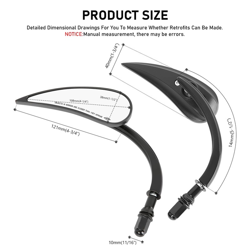 goodfitment M8 M10 Black Motorcycle Mirrors,2Pcs Universal Water Drop Shape
