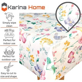 Karina Home PASTEL Spring Meadow Butterfly Wipe Clean Tablecloth Vinyl PVC Table Cover Wipeable Table Cloth (Round 138cm, PASTEL Multi)