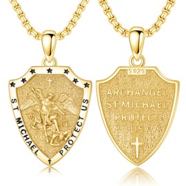 Cargari Saint Michael Shield Necklace Pendant Medal 925 Sterling Silver Gold St Michael Archangel Religious Amulet Jewelry Gift for Men Women