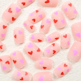 24 Pcs Valentine Press on Nails Cute Nails Heart Press on Nails Short RIICFDD Square Fake Nails Pure Color Designs Stick on Nails Full Cover Wave Point False Nails Glue on Nails for Women