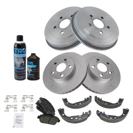 TRQ Front Rear Ceramic Pad Coated Rotor Drum & Shoe Kit w/Fluids Compatible with 2004-2008 Toyota Prius