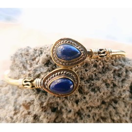 Adjustable Brass Cuff Bracelet with Pear Shaped gemstone, Ethnic Jewelry (Lapis lazuli)