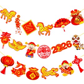 Chinese New Year Banner The Year of The Horse Decorations 2PCS Lunar New Year Double-sided God of Wealth Cutout Banners for Chinese Spring Festival Party Supplies