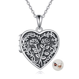 POPLYKE Heart Rose Locket Necklace 925 Sterling Silver Necklace with Picture Inside Heart Memorial Jewelry for Women