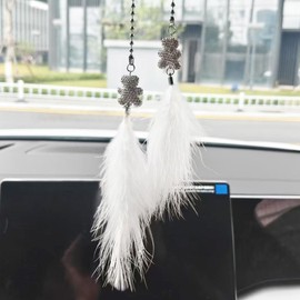DUSCOKE Crystal Bear Rear View Mirror Pendant with Feather Charm - Bling Rhinestone Car Rear View Mirror Charm - Lucky Car Mirrors Hanging Decoration for Women Girls (Bear)