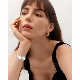 INNERDIVA Gold Double Simulated Pearl Ball Beads Bracelet Cuff Imitation Pearl Bracelet for Women Statement Bracelet