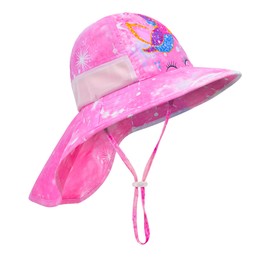 PASHOP Sun Hat for Kids Anti-UV Girls Sun Hats Wide Brim UPF 50+ Sun Protection Beach Hat with Adjustable Chin Strap for 3-8 Years (Pink Unicorn)