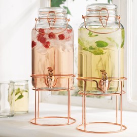Elegant Home Set of Two (2) Quality Clear Glass Each (1) Gallon Each Glass Bail & Trigger Locking Lid Beverage Dispenser with Spout on Copper Metal Stand.