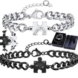 Benaton 1 Pair Heart Partner Bracelets, Partner Bracelets, Diamond Couple Bracelet, Engraved Curb Chain, Couple Bracelet, Puzzle Couple Bracelet, Adjustable, Love Gifts Couple Bracelet (With Gift