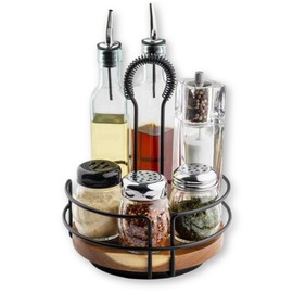 Tablecraft Round Rotating Tabletop Caddy, Acacia Wood and Metal Condiment 8" Seasoning, Sauces, Spice and Shaker Organizer, Restaurants, Cafes, and Commercial Foodservice Display Use