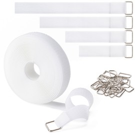 1"x16Ft Hook and Loop Straps with 25 Metal Buckles, Adjustable Fastening Cable Straps, Free Cut Length, Reusable Nylon Cable Ties for Organizer or Storage, White