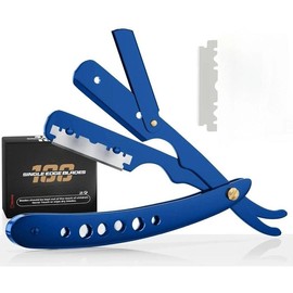 Professional Barber Straight Razor for Men – Black Straight Edge Razor with 100 Safety Blades Included:_Blue