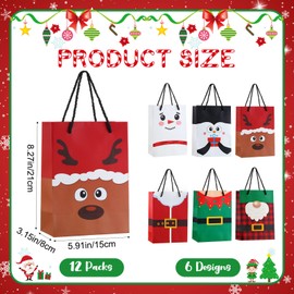 Zhanmai 12 Pcs Christmas Gift Bags Bulk 8.27 Inch Christmas Small Goodies Holiday Paper Treat Bags with Handle for Kids 6 Styles Santa Elf Gift Supplies with Handle for Adults Coworkers Present