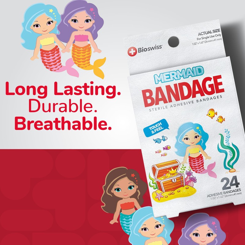 BioSwiss Bandages, Mermaid Shaped Self Adhesive Bandage, Latex Free Sterile