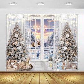 White Christmas Backdrop for Photoshoot 10x8ft Vinyl Winter Xmas Tree Gift Box Merry Christmas Photo Backdrop Snowy Forest Elk Sunrise Backdrop Xmas Holiday Party Decorations Background Banner Props