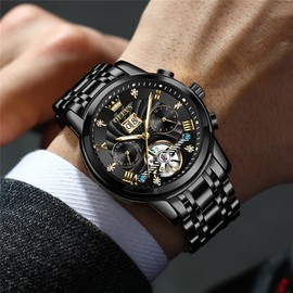 OLEVS Black Mens Automatic Watches Self Winding Mechanical Skeleton Tourbillon Luxury Diamond Business Dress Date Wrist Watches for Men Waterproof Luminous